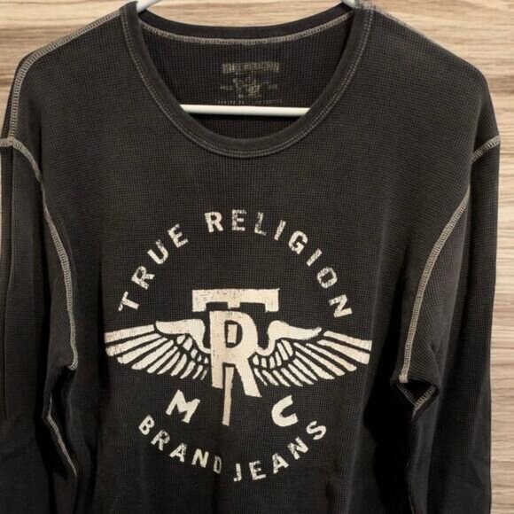 Vintage TRUE RELIGION Brand Jeans Thermal Shirt TRMC Black & White Men's Large - Picture 2 of 5